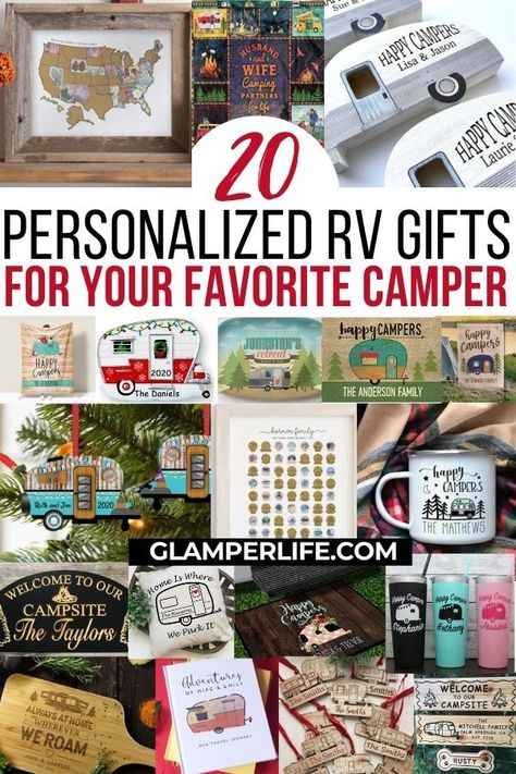 Looking for a fun gift idea for your friends who love their RV? Maybe you don't know what they need for their camper or perhaps they already have everything when it comes to supplies. Personalized RV gifts are always a unique and thoughtful gift and in this blog post, we rounded up 20 neat ideas for gifting. All of these items can be personalized with names, etc! #giftguide #christmas #rv #camping #glamperlife Camping Baskets Gift Ideas, Personalized Camping Gifts, Homemade Camping Gifts, Diy Camping Gifts Ideas, Rv Cricut Ideas, Camper Gift Basket Ideas, Rv Gift Basket Ideas, Cricut Camping Ideas, Camping Theme Gifts