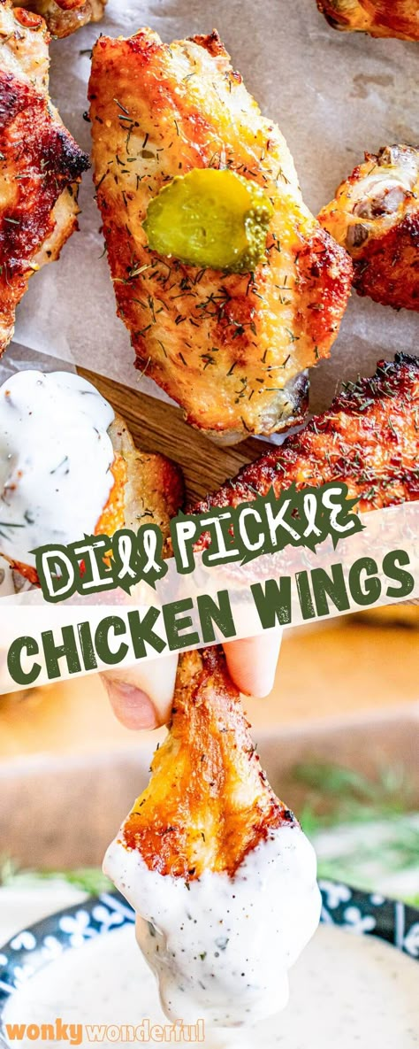 DILL PICKLE CHICKEN WINGS are a super flavorful way to make appetizer wings. Chicken wings soaked in dill pickle juice, tossed in a dry season then roasted to crisp juicy perfection. Dill Pickle Dry Rub Chicken Wings, Dill Pickle Wing Sauce, Dill Pickle Wings Recipe, Dill Pickle Wings, Pickle Roast, Pickle Wings, Dill Pickle Chicken Wings, Pickle Juice Chicken, Dill Pickle Chicken