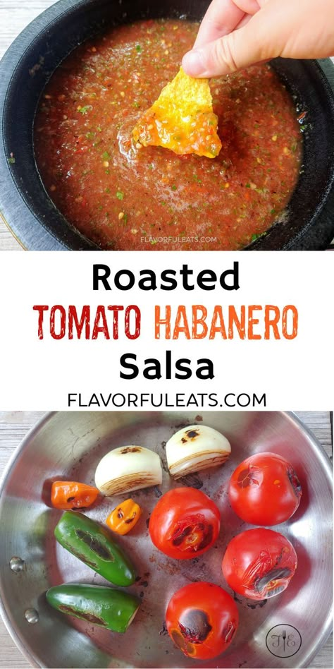 Roasting fresh tomatoes, onion, jalapeno and habanero peppers is what gives Roasted Tomato Habanero Salsa its irresistible flavor. This easy recipe creates the perfect dip for tortilla chips, and a spicy, flavorful addition to tacos, burritos, nachos, omelets, and wherever else you need salsa! Habanero Recipes, Mexican Salsa Recipes, Habanero Salsa, Tacos Burritos, Hot Sauce Recipes, Spicy Salsa, Habanero Peppers, Vegan Sauces, Roasted Tomato