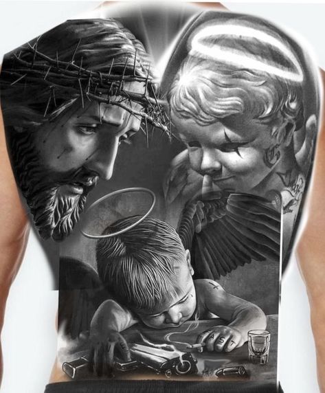 Backpiece Tattoo Men, Darkside Tattoo, Chest Tattoo Drawings, Cool Back Tattoos, Christ Tattoo, Full Tattoo, Realistic Tattoo Sleeve, Gangsta Tattoos, Saved Tattoo