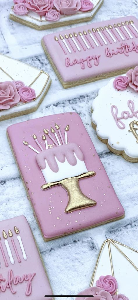 Elegant Birthday Cookies Royal Icing, Girly Birthday Cookies Decorated, 40th Bday Cookies Women, Classy Cookies Decorated, 23 Birthday Cookies Decorated, Birthday Cookies Royal Icing Women, Girly Royal Icing Cookies, Baking Themed Cookies, 18th Birthday Cookie Ideas