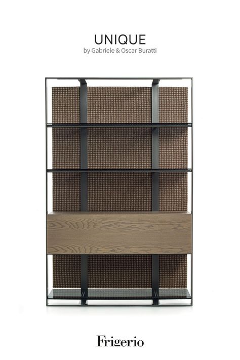 Free standing bookcase with metal structure supporting glass shelves and back covered in fabric with wooden storage for a modern free standing bookcase element Minimalist Cabinet Design, Furniture Details Drawing, Unique Bookcase, Minimalist Cabinet, Contemporary Bookcase, Studio Bag, Wooden Rack, Home Design Living Room, Sofa Styling