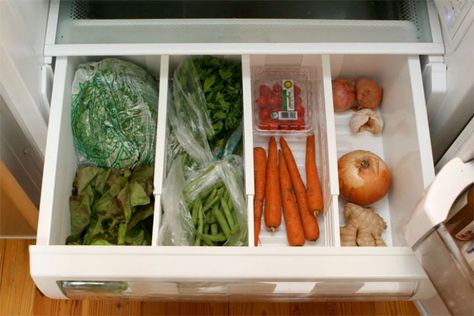 Via EnjoOrganize the vegetable compartment with drawer organizers.y this Beautiful Day Vegetable Bin, Fridge Drawers, Best Hacks, Clean Fridge, Refrigerator Drawers, Fridge Storage, Ways To Organize, Refrigerator Organization, Refrigerator Storage