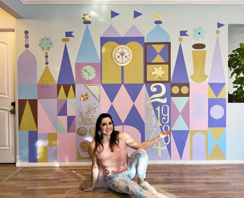 Small World Backdrop, Disney Wall Murals, Working From Home With Kids, Disney Mural, Disney House Ideas, Its A Small World, It’s A Small World, Disney Room Decor, Diy Playroom