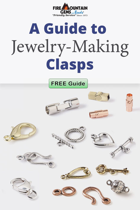 Clasps do much more than keep a piece of jewelry closed--they play a key role in jewelry designs. Find the right style for every DIY project, whether you are looking for a necklace clasp, bracelet clasp or anklet clasp, with this FREE clasp style guide and easy reference chart.  #FMGKnows #JewelryClasps Different Types Of Jewelry Clasps, Unique Jewelry Clasps, Jewelry Findings Guide, Diy Jewelry Clasp, Clasps For Jewelry, Beaded Pendants, Easy Reference, Necklace Clasp, Diy Jewelry Tutorials