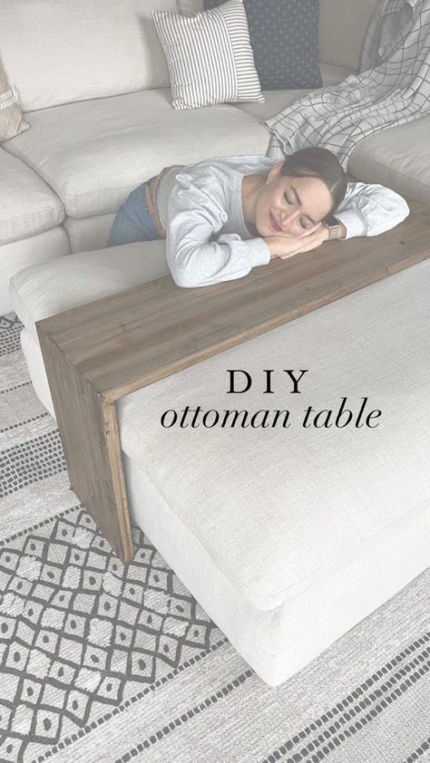 1.4M views · 10K reactions | Ottoman table with waterfall edge. I don’t have room for both a regular coffee table and ottoman. We use the ottoman all the time but I like the option to have a table too. . And it nests perfect behind the sofa under the consult table when we’re not using it. . Not bad, right?! . #diytable #livingroominterior #livingroomdecoration #fixerupper #builtnotbought | Tara Salas | The Crystal Casino Band · Waste My Time Sectional Slide Table, Ottoman With Sliding Table, Storage Bench As Coffee Table, Living Room With Ottoman And Coffee Table, Table Top For Ottoman, Coffee Table Behind Couch, Ottoman Overlay Table, Sectional Slide Table Diy, Ottoman Wood Cover