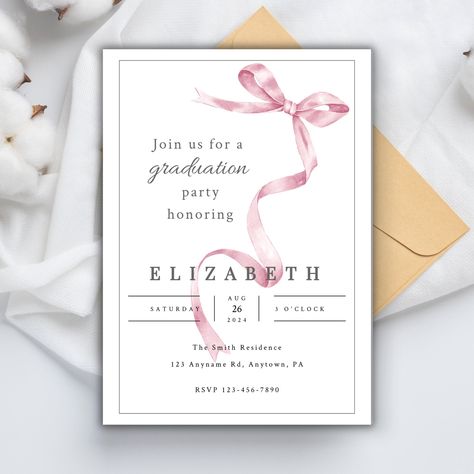 Celebrate your high school or college grad in style with our coquettish "Grad Party Invites Bow" collection. These editable invitation templates feature a charming pink bow design, perfect for announcing your senior's big accomplishment to family and friends for the class of 2024. Make your graduation party unforgettable with our unique and elegant graduation invites that will impress all your guests. Let the festivities begin with our chic and stylish invitation suite that captures the essence Coquette Graduation, Grad Party Invites, Graduation Invites, Party Planning Checklist, Grad Invitations, Graduation Invitations Template, Graduation Invitation, Graduation Announcement, Party Invites