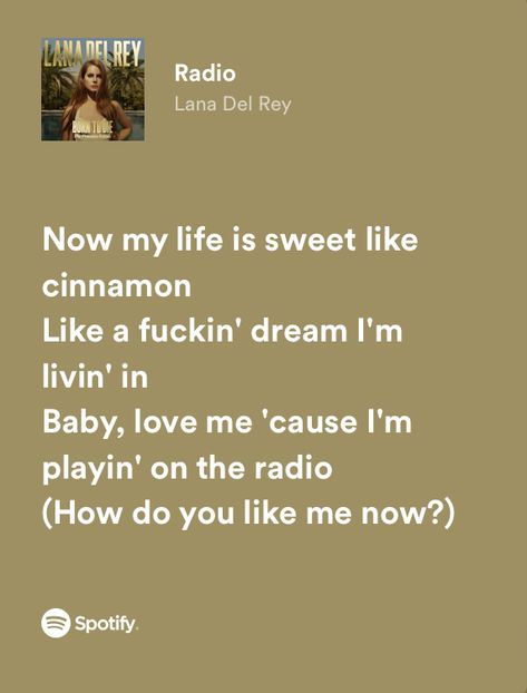 Radio Lana Del Rey Spotify, Lana Del Rey Radio Lyrics, Radio Lana Del Rey, Lana Del Rey Radio, Songs Quotes, Radio Song, Lyrics Spotify, Colors Aesthetic, Lana Del Rey Lyrics