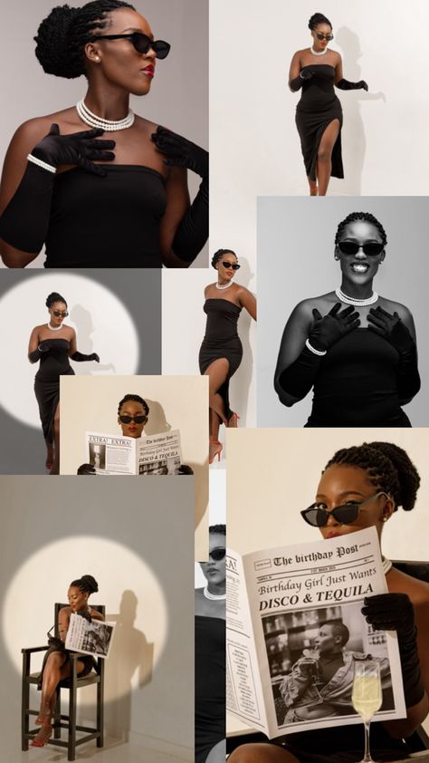 30th Birthday Photoshoot Themes, 20 Year Old Birthday Photoshoot Ideas, Classy Black Dress Photoshoot, 20's Theme Photoshoot, Birthday Shoot Inspo Studio, 1960s Photoshoot Ideas, Classy Black Women Photoshoot, 60 Birthday Photo Shoot Ideas, Minimalist Birthday Photoshoot Ideas