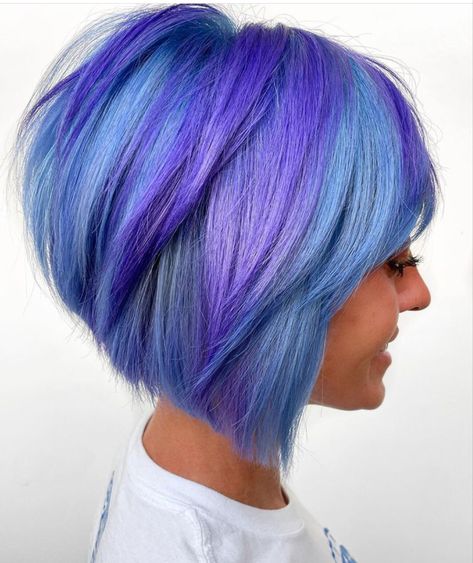 Blue purple hair A Line Bob With Bangs, Bob With Side Bangs, Blue And Purple Hair, Hair Bobs, Edgy Bob, Funky Hair, Vivid Hair Color, Colourful Hair, Long To Short Hair