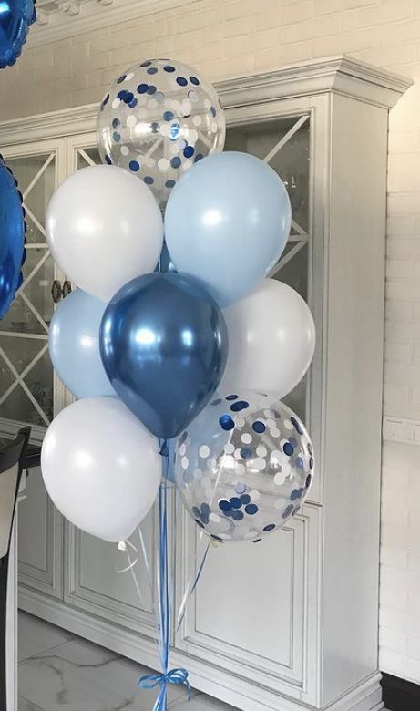 Blue And Gray Birthday Party Decor, White Blue Balloon Decor, Blue Silver White Birthday Theme, Blue And Silver Themed Birthday Party, Blue Gold White Birthday Theme, Blue Ballons Decoration Birthday Room, Blue Ballons Decoration Birthday, Blue Birthday Astethic, All Blue Birthday Party