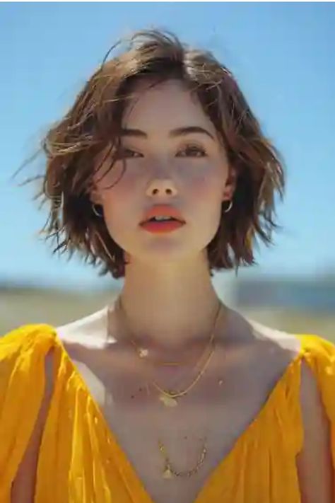 Woman with short hair in a yellow dress on a sunny beach day. Short Haircut Chin Length, Short Hairstyles Women Thick Hair, Chin Length Hair For Fine Hair, Chin Length Hairstyles For Thick Hair, Haircut For Short Neck, Chin Length Mullet Women, Ear Length Hair With Bangs, Pixie Fine Hair, Chin Length Hair Round Face Short Bobs Haircuts For Women