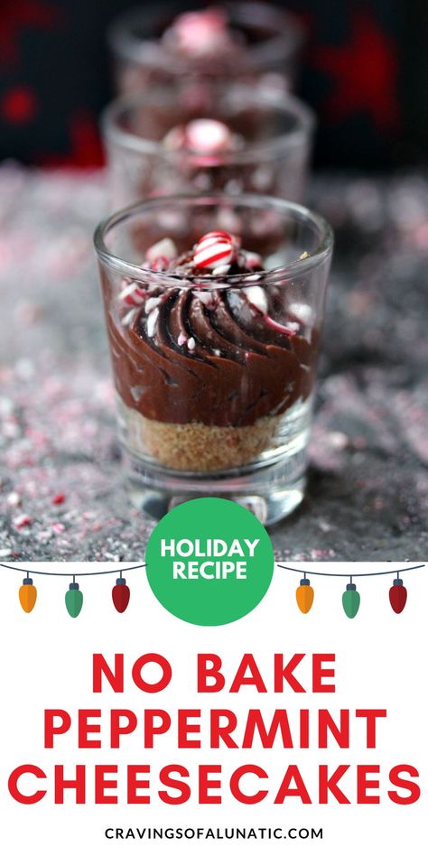 No bake peppermint chocolate cheesecakes topped with crushed peppermints, served in shot glasses on a grey marble counter with crushed peppermints scattered on it. Peppermint Cheesecake Bars, Perfect Cake Recipe, Easy Holiday Dessert, Mini Glasses, Peppermint Dessert, Peppermint Cheesecake, Easy Holiday Desserts, Christmas Foods, Best Cheesecake