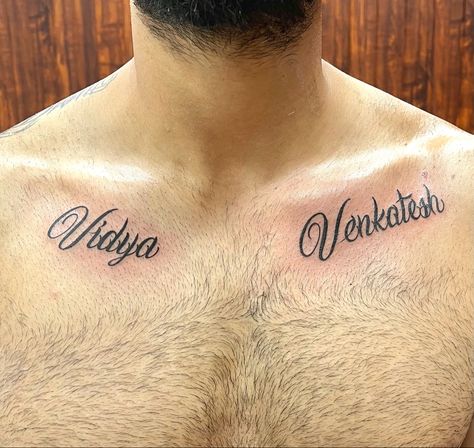 Parents name chest tattoo Names On Chest Tattoo Guys, Name Placement Tattoos Men, Parents Names Tattoo Ideas, Chest Name Tattoo Men, Name Chest Tattoos For Men, Parents Name Tattoo, Chest Name Tattoo Female, Chest Tattoo Name, Family Name Tattoos