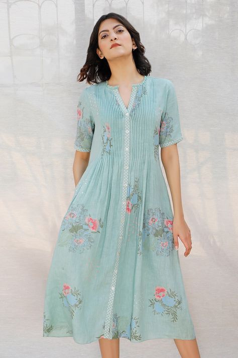 Pleated Dress Indian, Mint Blue Dress, Cotton Dress Pattern, Linen Slip Dress, Cotton Frocks, Desi Wear, Frock For Women, Kurta Designs Women, Designer Dresses Casual