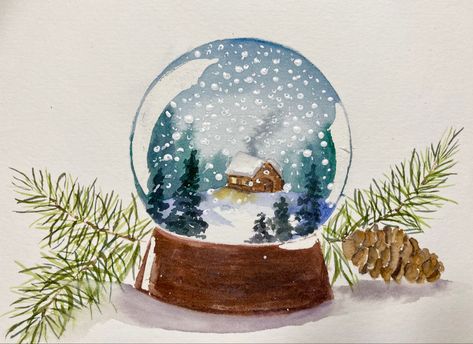 Watercolor Snow Globe, Snowglobe Watercolor, Snowglobe Painting, Snow Globe Watercolor, Snow Globe Drawing, Festive Watercolour, Aquarelle Ideas, Winter Watercolors, Globe Drawing