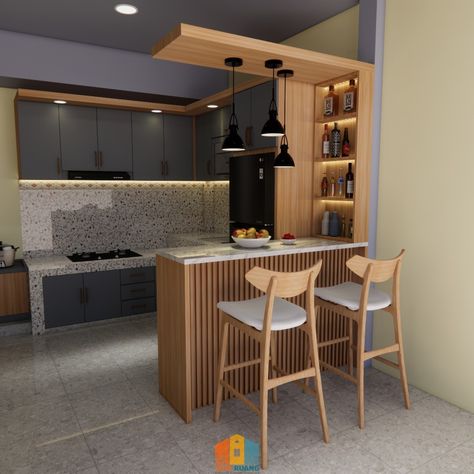 Kitchenset dengan meja beton + Minibar Drafter : @frorp_ Kami melayani pembuatan interior 3d dan fisiknya, dengan kwalitas dan harga terbaik! WA 085724299950 #kitchensetsukabumi #kitchensetjakarta #interiordesign #jasainterior #interiormurah #kitchensetmurah Ideas De Mini Bar En Casa, Minibar Kitchen, Mini Bar Counter, Mini Bar Design, Kitchen Set Minimalist, Kitchen Bar Design, Bar Mini, Modular Cabinets, Simple Kitchen Design