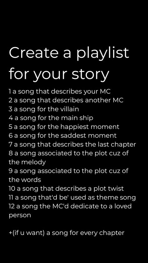 Playlist For Character, Tips For Writing A Short Story, Songs To Listen To While Writing, Oc Story Prompts, Listening To Your Playlist Be Like, How To Make A Playlist For Your Oc, Musical Writing Prompts, Story Lines Ideas Love, Create A Playlist For Your Oc