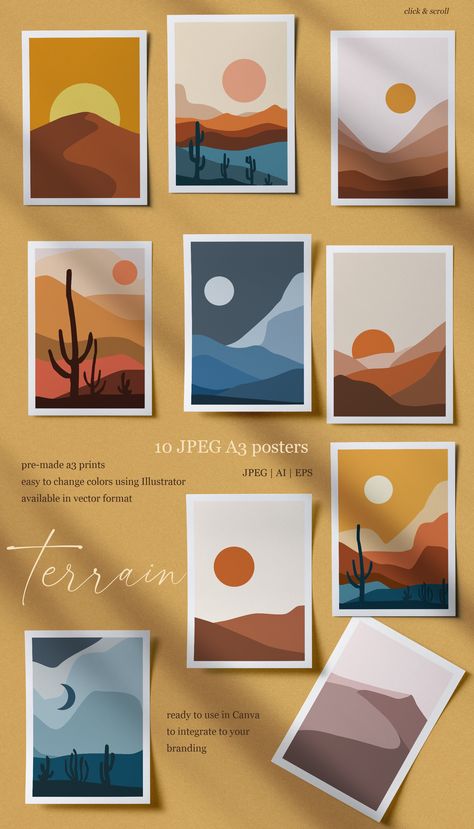 Boho Painting Landscape, Line Art Landscape Drawings, Simple Digital Painting, Minimalistic Landscape Painting, Abstract Landscape Illustration, Boho Landscape Painting, Simple Diy Paintings, Art Trends 2024, Simple Paint Designs On Wall