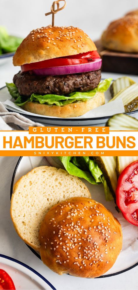 Soft and fluffy homemade gluten-free hamburger buns that come together in less than an hour! Now you'll never have to miss out on burger night with this hamburger bun recipe. Made with an enriched yeasted dough, you'll never want store-bought buns again! Gluten Free Hamburger Buns, Gluten Free Hamburger, Oat Flour Recipes, Hamburger Bun Recipe, Gf Baking, Burger Night, Sorghum Flour, Homemade Gluten Free, Tapioca Flour