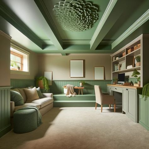 basement with sage green ceiling Light Green Basement Walls, Sage Walls And Ceiling, Sage Painted Ceiling, Olive Green Walls And Ceiling, Green Room Painted Ceiling, Basement Ceiling Colors, Sage Green Ceiling, Ceiling Colors, Green Ceiling