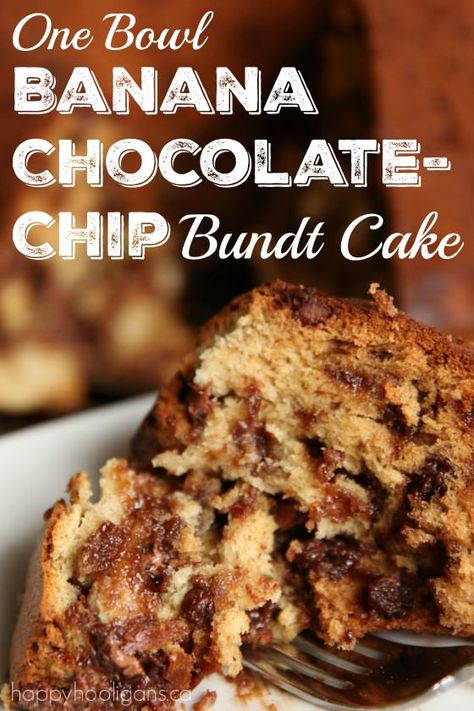 1-Bowl Banana Chocolate-Chip Bundt Cake - Happy Hooligans Banana Chocolate Cake, Chocolate Chip Bundt, Banana Chocolate Chip Cake, Chocolate Chip Bundt Cake, Banana Bundt Cake, Banana Bundt, Happy Hooligans, Thanksgiving Desserts Easy, Chocolate Chip Cake