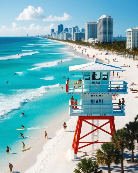 🌞🏝️ Miami's daytime charm—clear waters, sandy beaches, vibrant lifeguard towers, and a stunning skyline. Perfect for surfing and sunbathing! 🌊🏄‍♂️🏙️ #MiamiVibes #OceanVibes #SunshineState #TravelMiami #ScenicMiami #CityscapeGoals #BeachLife #MiamiMoments #ParadiseFound #BeautifulViews #miami #florida #usa #travel #fierytrippers #fierytrippersusa Miami Beach Lifeguard Tower, Beach Lifeguard, Beach Drawing, Miami Skyline, Lifeguard Tower, Miami Life, Hotel Food, Paradise Found, Ocean Vibes