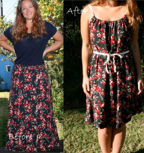 DIY skirt to dress. Good to know because I see a ton of skirts at Goodwill! Skirt Into Dress, Skirt To Dress, Skirt Diy, Upcycle Sewing, Diy Vetement, Diy Skirt, Altering Clothes, Recycle Clothes, Refashion Clothes