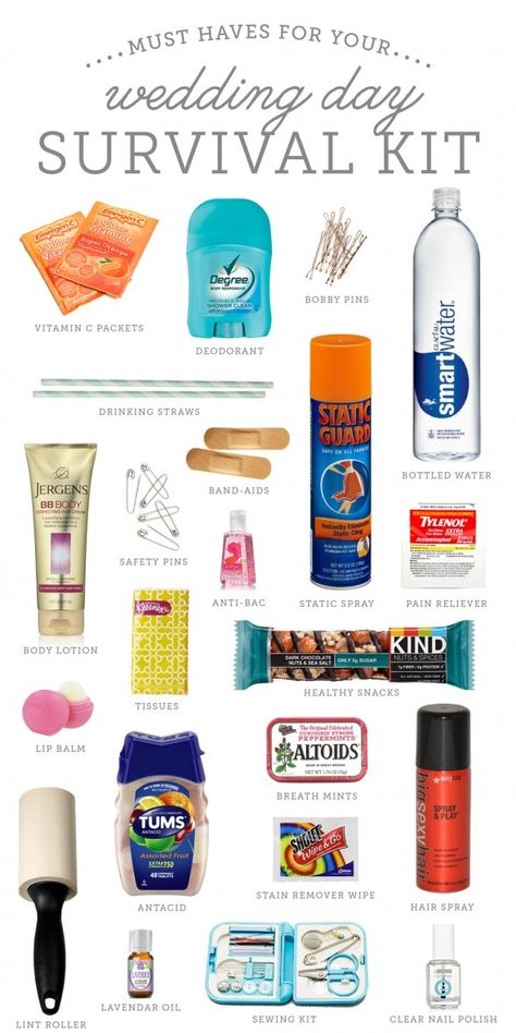 Wedding Day Survival Kit - http://thebudgetsavvybride.com/wedding-day-survival-kit/#_a5y_p=3894805 Bridesmaids Survival Kit Ideas, Wedding Day Kit For Bridesmaids, Bridesmaid Survival Kit Diy, Prom Survival Kit, Brides Maids Gift Bags, Wedding Day Bag For Bride, Wedding Day Survival Kit For Bridesmaids, Wedding Day Kit For Bride, Bride Bag Packing Ideas