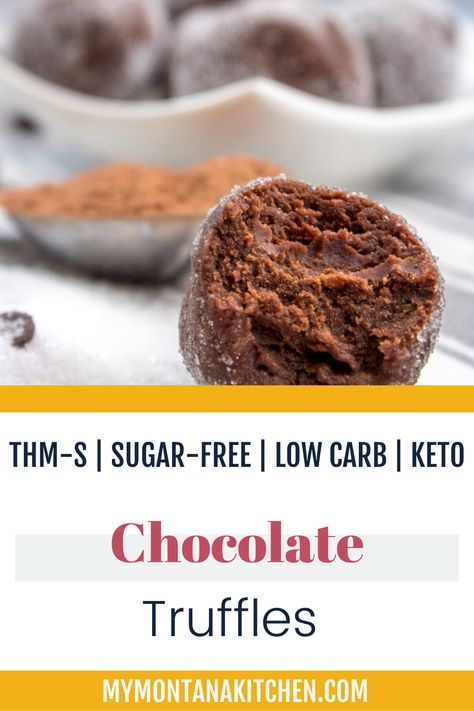 Can a woman live without chocolate? Yes, of course...but why would she want to? This rich, velvety Chocolate Truffles Recipe is ready in two minutes or less...promise! And it has everything going for it: low carb, keto friendly, gluten free, sugar free, dairy free, and it's a Trim Healthy Mama S Fuel. Plus, you don't have to worry about heavy whipping cream, sugar, or tempering the chocolate. You could be putting one of these in your mouth before the clock strikes the next hour! Sugar Free Truffles, 2 Ingredient Fudge, Chocolate Truffles Recipe, Stevia Recipes, Truffles Recipe, Peanut Butter Cookie Dough, Sugar Free Chocolate Chips, Sugar Free Low Carb, Cookie Dough Recipes