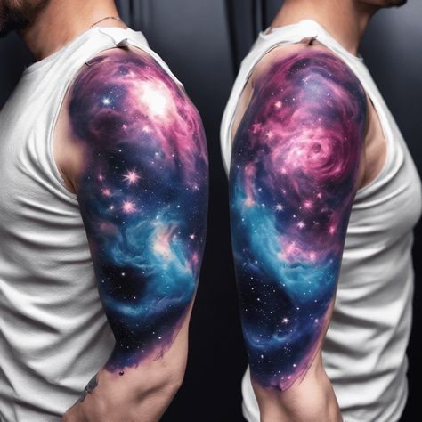 78 Space Tattoo Ideas Created with AI | artAIstry Tattoo Ideas Shoulder, Space Tattoo Ideas, Space Sleeve, Galaxy Tattoo Sleeve, Space Tattoo Sleeve, Stars In Space, Nebula Tattoo, Upper Back Tattoos, Universe Tattoo