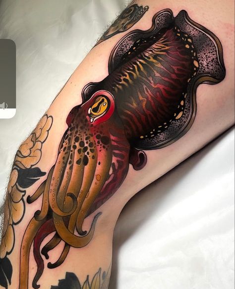 Neo Trad Octopus Tattoo, Squid Attacking Ship Tattoo, Skull With Octopus Tattoo, Neo Traditional Water Tattoo, Mermaid Tattoo Neotraditional, Vampire Squid Tattoo, Neo Traditional Octopus Tattoo, Octopus Neotraditional, Cuddlefish Tattoos