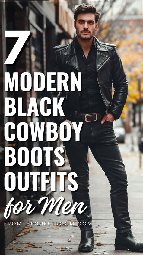 a man wears black cowboy boots with a modern look, western outfits Pants And Cowboy Boots Outfit, Cowboy Boots Outfit Street Style, Western Cowboy Outfit For Men, Black Cowboy Boots Outfit Men, Casual Western Outfits Mens, Cowboy Boots Men Outfit, Pants And Cowboy Boots, Men Western Outfits, Cowboy Boots Outfit Mens