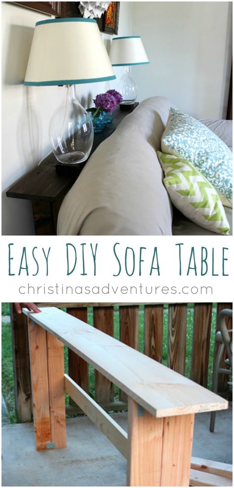 DIY sofa table - so simple to make!  Perfect for holding lamps, books, and decorations.  christinasadventures.com Meja Sofa, Diy Sofa Table, Furniture Cheap, Diy Sofa, Creative Furniture, Diy Desk, Sofa Tables, Pallet Wood, Sofa Table