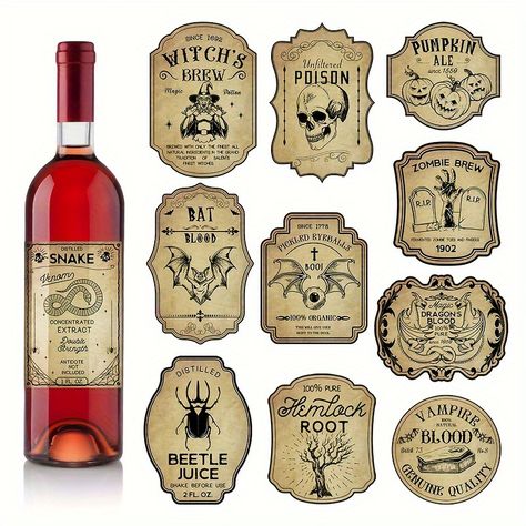 Halloween Wine Bottle Labels, Halloween Wine Labels, Retro Halloween Party, Halloween Apothecary Labels, Halloween Bottle Labels, Halloween Wine Bottles, Vintage Spooky, Wine Bottle Stickers, Halloween Apothecary