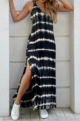 Black Spaghetti Strap V Neck Tie Dye Sleeveless Maxi Dress with Side Split Tie Dye Dress Outfit Summer, Bohemia Dress, Women's A Line Dresses, Strap Maxi Dress, Spaghetti Strap Maxi Dress, Black Ombre, Shift Dresses, Tie Dye Maxi Dresses, Tie Dye Maxi