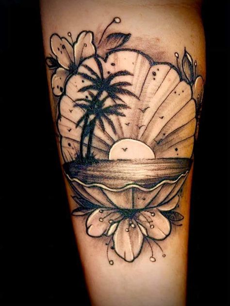 Women Nautical Sleeve Tattoo, Hawaiian Beach Tattoo, Woman Ocean Tattoo, Beach Tattoo Half Sleeve, Beach Calf Tattoo, Sea Turtle Beach Tattoo, Mermaid Tattoo On Thigh, Arm Tattoos For Women Ocean, Hawaiian Ocean Tattoo