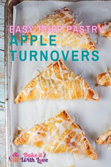 These puff pastry apple turnovers are a perfectly sweet treat that uses only 2 ingredients alongside common pantry staples! They are incredibly easy to make and will satisfy any sweet cravings you might have. Top them off with an easy homemade vanilla glaze to make them extra satisfying! BakeItWithLove.com #bakeitwithlove #puffpastry #apple #turnovers #dessert Puff Pastry Apple Turnovers, Puff Pastry Apple, Apple Pastry, Turnover Recipes, Apple Puff Pastry, Apple Turnovers, Puff Pastry Dough, Vanilla Glaze, Frozen Puff Pastry