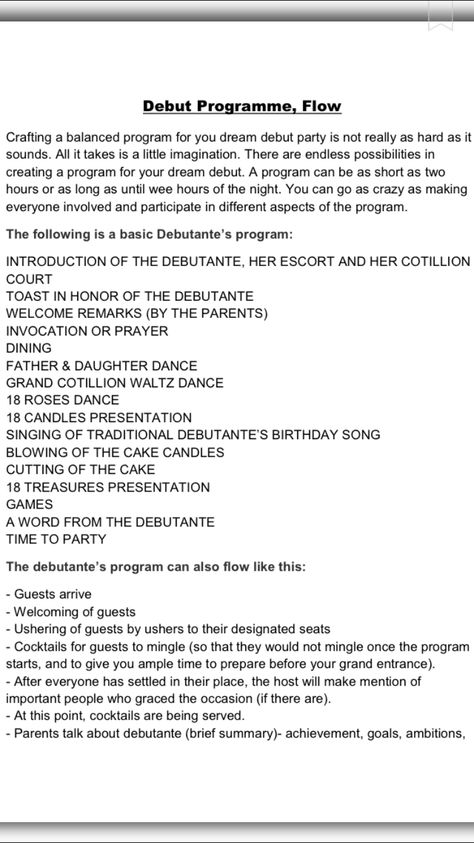 debut programme pt. 1 18th Birthday Debut Program Flow, Debut Theme Ideas Debut Theme Ideas 18th Simple, Debut Activity Ideas, 18th Birthday Filipino Debut, Debut Planning Checklist, Debut Preparation Checklist, Filipino Debut Invitation, Debut Themes Simple, Debut Checklist Filipino