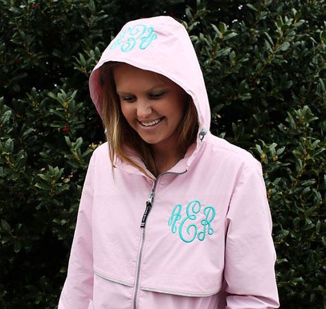 Pink Monogrammed Rain Jacket Personalized Hood & by shopmemento, $64.00 Wild Bachelorette Party, Monogrammed Rain Jacket, Charles River Rain Jacket, Lilly Pulitzer Fabric, Pink Rain, Applique Monogram, Yellow Raincoat, Charles River, Neon Coral