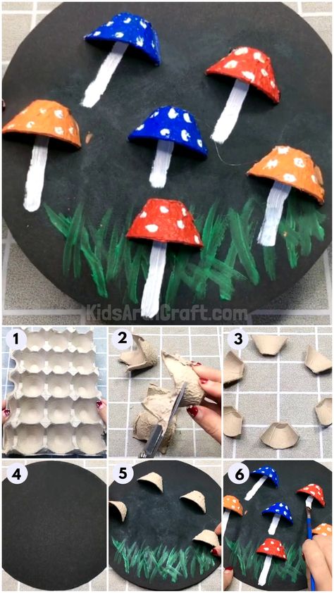 Mushroom Art Elementary, Egg Carton Mushroom Craft, Egg Carton Mushrooms, Mushroom Kids Craft, Mushroom Crafts For Kids, Mushroom Crafts Diy, Mushroom Project, Egg Carton Art, Diy Button Crafts