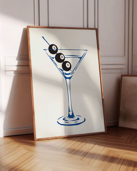 Martini Glass Poster Cocktail Room Decor, Paintings For Bathroom Canvas, Dirty Martini Painting, Pool Ball Painting, Pool Ball Art, Pool Ball Decor, Prints In Bedroom, 8 Ball Painting, Bedroom Art Aesthetic