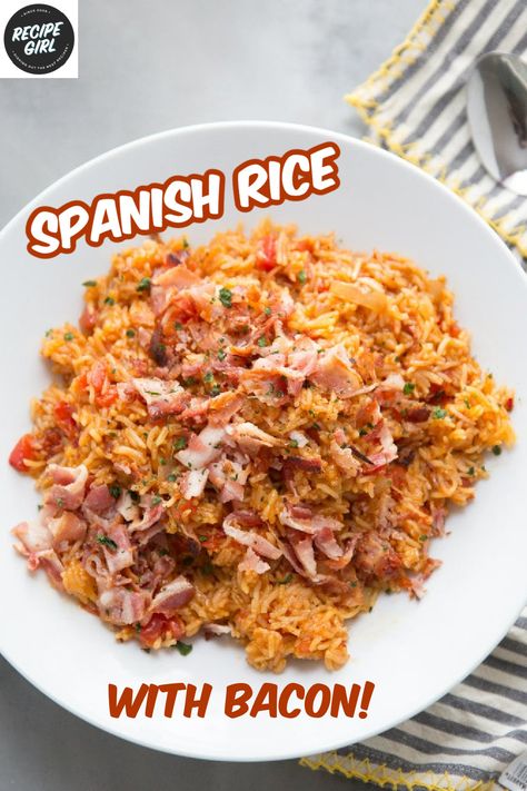 Spanish Rice Recipe With Bacon, Recipe For Spanish Rice, Easy Spanish Rice Recipe, Mexican Style Rice, Easy Spanish Rice, Recipes With Diced Tomatoes, Bacon Rice, Spanish Rice Recipe Easy, Bacon Recipes For Dinner