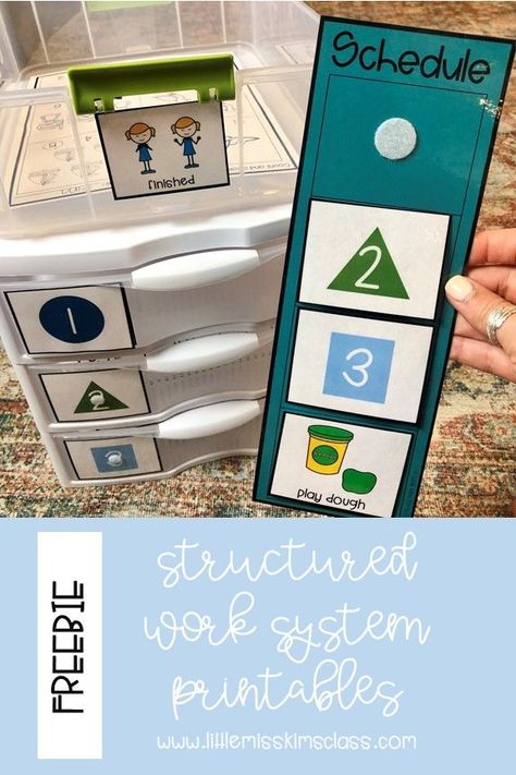 FREE printables for 3 different structured / independent work systems. This post includes pictures and video examples for setting up independent work stations in special education classrooms! Work Stations For Special Needs, Work System Tasks, Independent Work Stations Sped, Independent Work Stations Set Up, Preschool Independent Work, Structured Classroom Special Education, Work Systems Special Education, Structured Work Systems, Free Special Education Printables