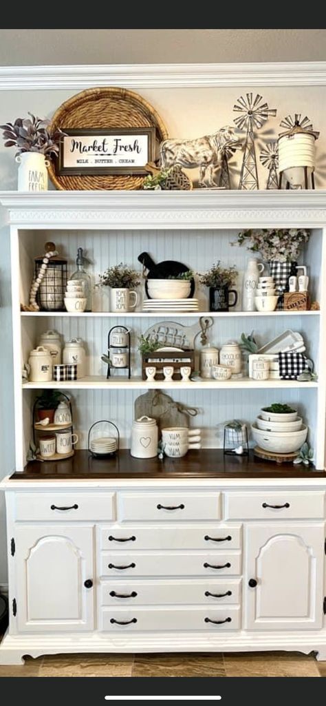 Rustic China Cabinet Farmhouse Style, Farmhouse China Cabinet Coffee Bar, Decorated Hutches Farmhouse Style, Country China Cabinet Farmhouse Style, Farmhouse Kitchen Display Cabinet, Farmhouse Dining Room Shelves, Farmhouse Dining Room China Cabinet, Spring Buffet Decorating Ideas, Farmhouse China Cabinets