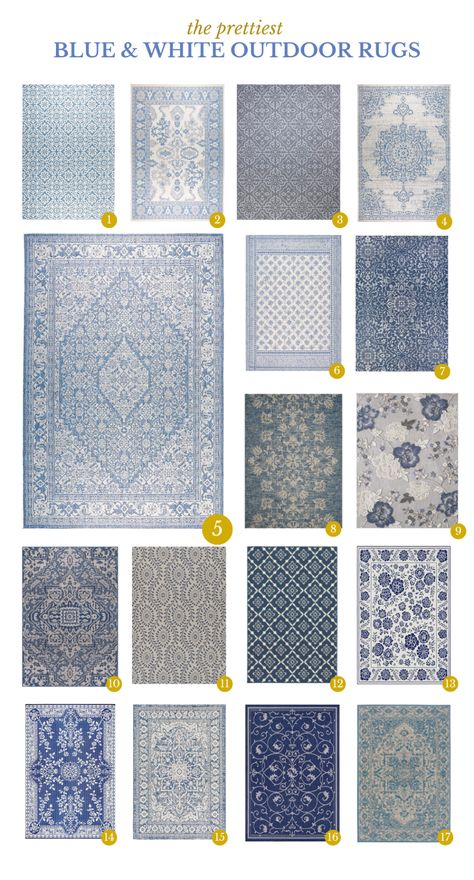 Blue And White Outdoor Rug, Outside Rugs Patio Outdoor, Blue And White Front Porch, Blue And White Patio, Blue Patio Decor, Blue Outdoor Decor, Blue Outdoor Furniture, Traditional Entryway, White Rugs