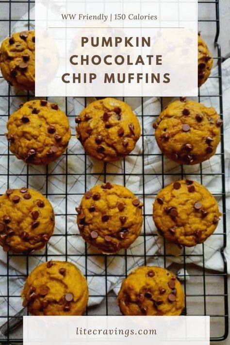 These lighter Pumpkin Chocolate Chip Muffins are the best fall treat, loaded with lots of chocolate and pumpkin flavor! Weight Watcher Pumpkin Muffins, Ww Pumpkin Recipes, Banana Crumble Muffins, Weight Watchers Pumpkin Muffins, Lite Cravings, Banana Crumble, Healthy Pumpkin Dessert, Weight Watchers Pumpkin, Cravings Recipes