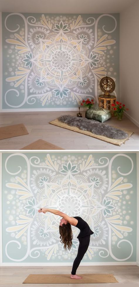 Harbour House Yoga Mandala Mural by Urbanheart at Harbour House Yoga Fabric Wall Hangings, Yoga Room Design, Home Yoga Room, Origami Wall Art, Yoga Room Decor, Yoga Mandala, Brand Colours, Skateboard Wall Art, Yoga Studio Design