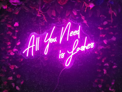 Flower Wall With Neon Sign, Wall With Neon Sign, Purple Neon Sign, Wedding Party Sign, Ambiguous Quotes, Bedroom Neon Sign, Bedroom Neon, Unique Artworks, Lash Quotes