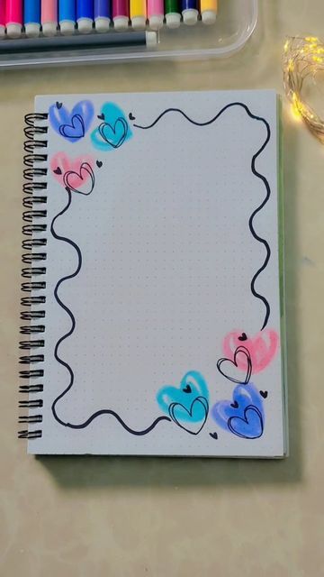 Decorations For Notebooks Ideas, Cute Drawings For Notebooks, Term 2 Cover Page Ideas, Border Design Using Highlighter Pen, Front Page Design For Notebook, School Project Ideas Design, Notebook Decoration Ideas Pages, Simple Design For Project, Easy Border Ideas